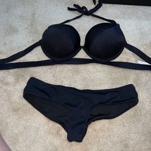 Victorias Secret Black Bikini; top 34D. Bottoms: small cheeky